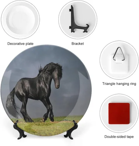 Miniatura 3 de XISUNYA Plato decorativo de 6 pulgadas, plato de cena de decoración de caballo, galope de semental friesio negro en puesta de sol tormentoso, placa
