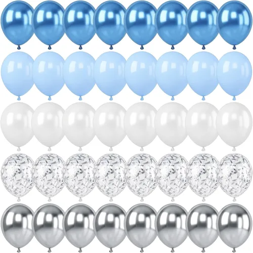 Miniatura 18 de Set de globos azul polvo, 60 paquetes de 12 pulgadas de globos metálicos dorados cromados, azul macarrón, azul océano, blanco arena, confeti