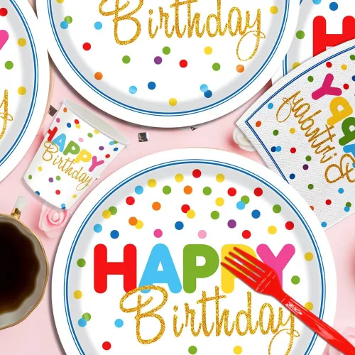 Miniatura 4 de Juego de 140 piezas de suministros para fiesta de cumpleaños con diseño colorido de lunares, incluye platos desechables de cumpleaños y servilletas