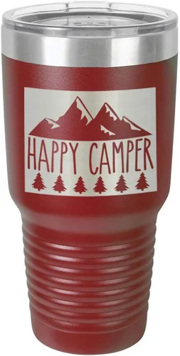 Miniatura 11 de Taza de viaje de acero con recubrimiento de polvo grabado con láser, con grabado de 30 oz de HAPPY CAMPER 3 grabado en polvo, sin BPA, para mantener