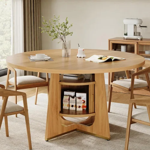 Miniatura 3 de IRONCK Mesa de comedor redonda de 47 pulgadas para 4-6 personas con armario de almacenamiento integrado, mesa de cocina moderna de mediados de siglo