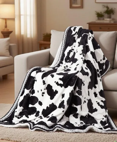 CAROMIO Manta eléctrica con calefacción, manta de calentamiento rápido con estampado de vaca con controlador LCD, 6 niveles de calor y apagado