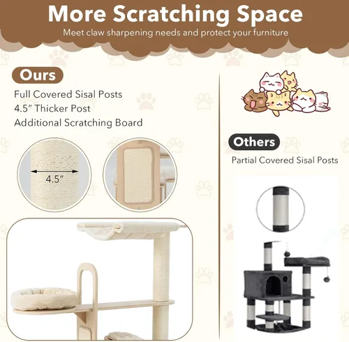 Miniatura 8 de Tangkula Árbol de madera para gatos de interior, centro de actividades de torre para gatos de varios niveles de 55 pulgadas con hamaca, condominio