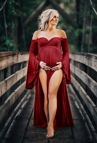 Miniatura 3 de ZIUMUDY Vestido largo de maternidad con hombros descubiertos y mangas acampanadas, vestido de fotografía para baby shower