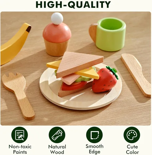 Miniatura 3 de PairPear Juego de comida de juguete de madera para la cocina de los niños, 32 piezas de juguetes de simulación, juego de picnic con bolsa