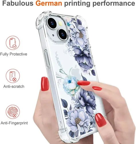 Miniatura 4 de Hungo Funda compatible con iPhone 15 Plus para mujer, diseño floral transparente, lindo, flor azul rosa Rosas Azules
