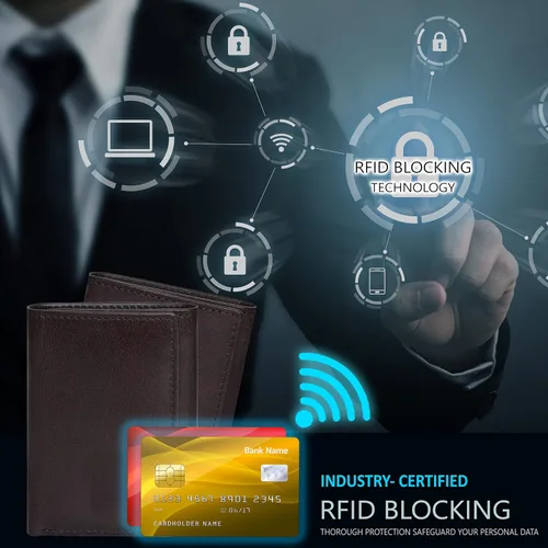 Miniatura 6 de Carteras RFID delgadas para hombre, billetera triple con bolsillo frontal de cuero genuino, Cartera RFID