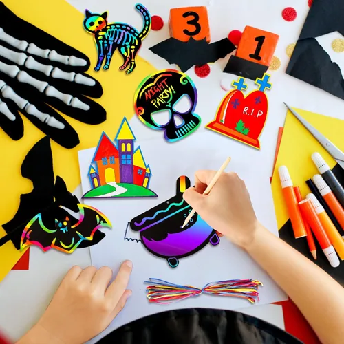 Miniatura 6 de Max Fun Paquete de 48 tarjetas de papel de arte para manualidades de Halloween, adornos mágicos de arco iris, suministros para colgar, kit