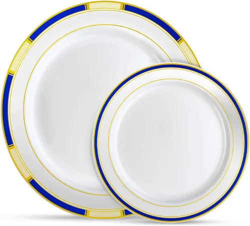 Miniatura 14 de Laura Stein Juego de vajilla de diseñador 32 cuencos de plástico desechables para fiestas, cuenco blanco con borde azul y detalles dorados