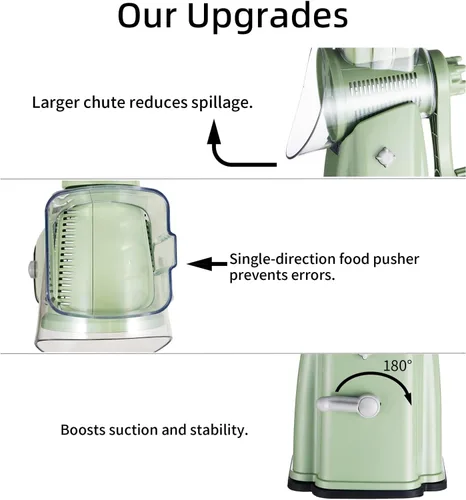 Miniatura 4 de Rallador rotativo de queso mejorado con asa, base de succión fuerte, rebanador giratorio multiusos con 5 cuchillas intercambiables para hielo, Verde