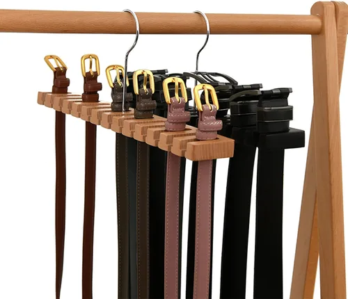 Miniatura 6 de Cinturón de madera maciza y estante para corbatas, 14 ranuras, color beige