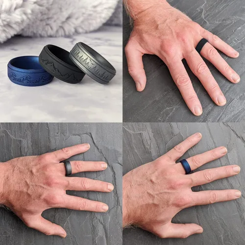 Miniatura 9 de Knot Theory Anillo de silicona para hombre, grabado de montaña, ondas, bosque, ancho de banda de 0.315 pulgadas, transpirable, ajuste cómodo