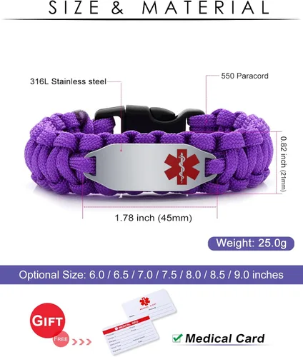 Miniatura 23 de Pulsera de alerta médica Paracord para hombres y mujeres Pulsera de identificación médica de acero inoxidable con hebillas de liberación lateral