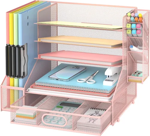 Miniatura 10 de DALTACK Organizador de Escritorio de Malla, Bandeja de Cartas de 5 Niveles con Portaarchivos y Portabolígrafos y Cajón Deslizante, Organizador
