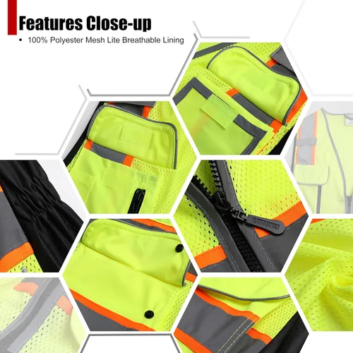 Miniatura 4 de Chaleco de seguridad reflectante para mujeres, chaleco de malla de alta visibilidad con 8 bolsillos y cremallera frontal, chaleco de alta Amarillo