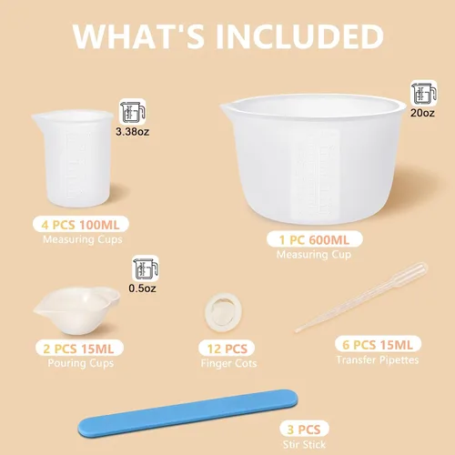Miniatura 2 de KISREL Tazas medidoras de silicona para resina, suministros de resina con tazas de 600 ml y 100 ml, tazas de mezcla de resina, varillas de agitación