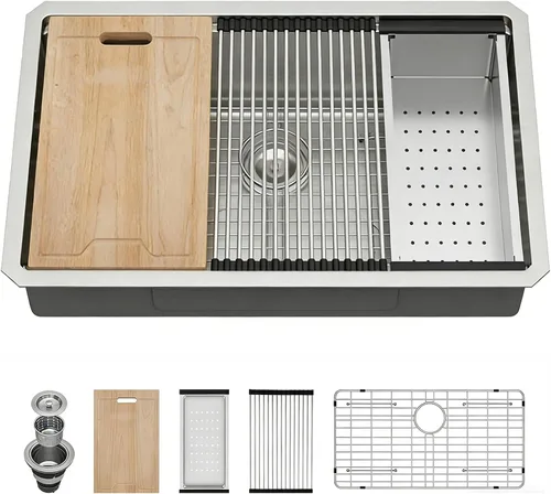 Miniatura 36 de Kichae fregadero de cocina bajo encimera de 32 pulgadas, de un solo tazón, de acero inoxidable, calibre 16, de esquina redonda, hecho a mano