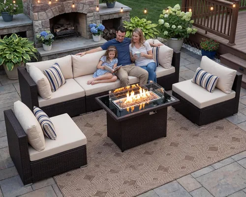 Miniatura 3 de BULEXYARD Juego de 7 piezas de muebles de patio con respaldo alto con mesa para fogata de propano/gas natural de doble combustible, sofá seccional