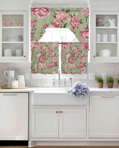 Miniatura 4 de Juego de cortinas de cocina con festón floral verde salvia, cenefa y nivel, 24 pulgadas de largo, diseño retro de flores rosa pastel, cortinas