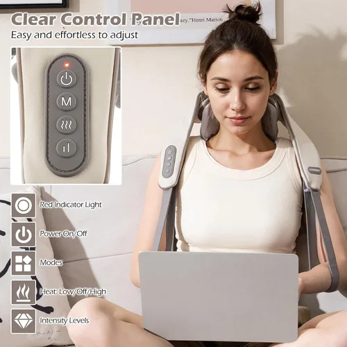 Miniatura 5 de COSTWAY Masajeador de cuello y hombros con calor, máquina shiatsu de amasado de tejido profundo 4D para aliviar el dolor, almohada masajeadora
