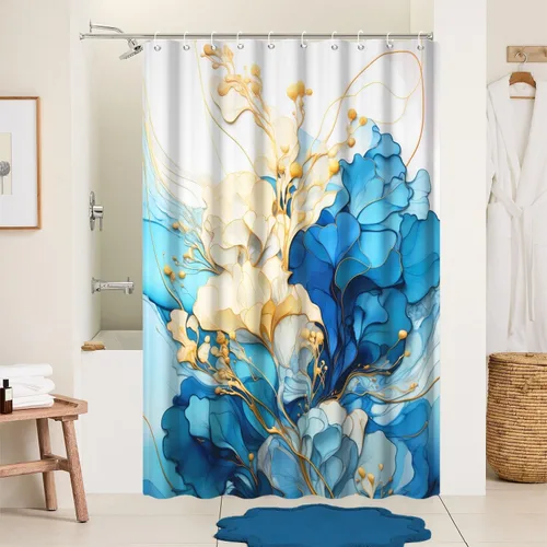 Miniatura 9 de Cortina de ducha con flores grises para baño, juego de cortina de ducha de mármol gris claro y blanco con ganchos, decoración floral abstracta