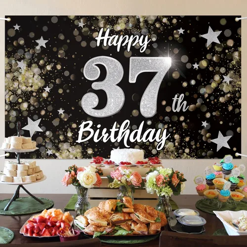 Miniatura 4 de Decoración de feliz cumpleaños 37, cartel grande de fondo de cumpleaños de 37 años con estrella de ensueño negro y plateado – Decoración de fiesta