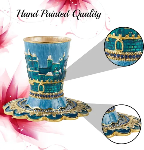 Miniatura 4 de Matashi Juego de tazas de Kidush esmaltadas pintadas a mano de 3.3 pulgadas de alto con bandeja con cristales y diseño de paisaje urbano