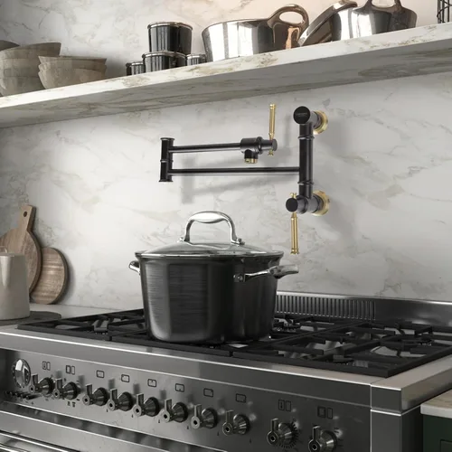 Miniatura 3 de Lava Odoro PF312-GB PF312-GB - Llenador de ollas de cocina plegable de dos accesorios, negro y latón, con brazo oscilante de doble junta, negro