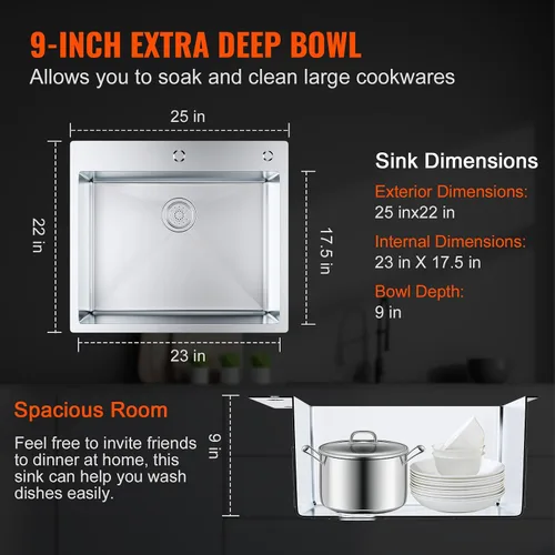 Miniatura 3 de VEVOR Fregadero de cocina, fregadero empotrado de acero inoxidable 304, cuenco individual de montaje superior con accesorios (paquete de 2), Plateado