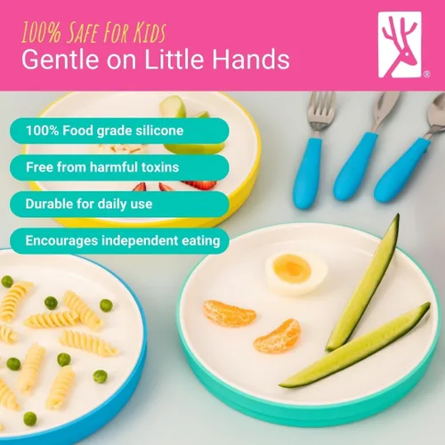 Miniatura 3 de Elk and Friends Platos blancos de porcelana para niños de 7.8 pulgadas con fundas de silicona, adecuados para bebés/niños pequeños, aptos