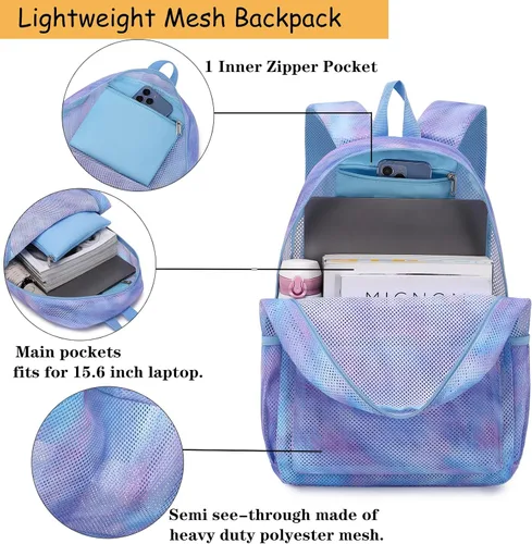 Miniatura 5 de Mochila de malla para niñas, mochila escolar semitransparente para adolescentes, bolsas de malla con bolsa de maquillajebolsa para lápices, Un