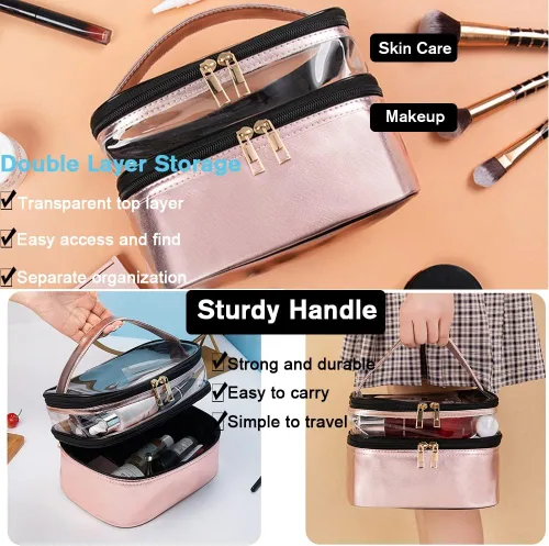 Miniatura 7 de FITINI Bolsas de maquillaje de doble capa de almacenamiento de viaje estuches cosméticos organizador de maquillaje bolsas de aseo resistentes al Rosa