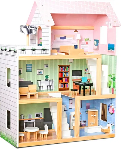 Miniatura 10 de Lil' Jumbl Casa de muñecas de madera para niños, incluye 17 piezas de accesorios y muebles, con balcón y escaleras, casa de muñecas de 3 pisos fácil