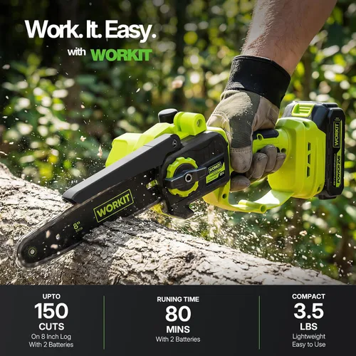 Miniatura 2 de WORKIT Mini motosierra inalámbrica, motosierra eléctrica de 8 pulgadas con 2 baterías, motosierra de mano con engrasador automático, tensión sin