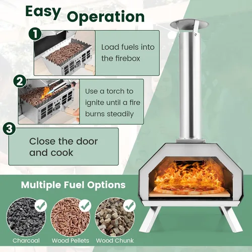 Miniatura 3 de Giantex Horno de pizza al aire libre, parrilla de pellets de madera con piedra de 12 pulgadas, pelar, patas plegables, fabricante portátil de acero