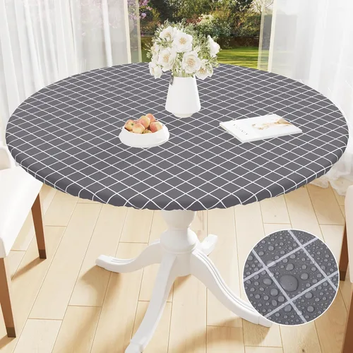 Miniatura 33 de Mantel redondo de vinilo de 36 a 44 pulgadas, mantel elástico impermeable con reverso de franela, mantel de plástico para picnic, campamento, al Café