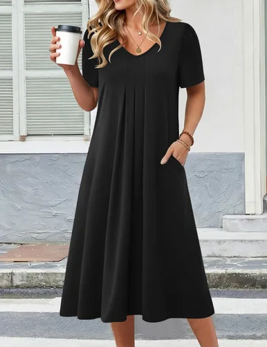 Miniatura 2 de Zeagoo Vestido de verano para mujer, casual, floral, midi, con bolsillos, cuello en V, plisado, manga corta, estilo alineado, para vacaciones