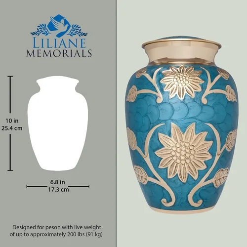 Miniatura 4 de Liliane Memorials - Urna funeraria de flores azules y doradas, urna de cremación para cenizas humanas, latón, adecuada para entierro o nicho
