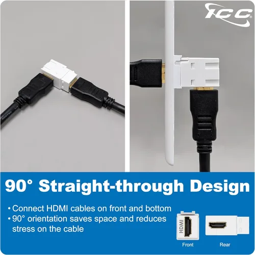 Miniatura 5 de ICC Conector Keystone HDMI de 90 grados, acoplador HDMI hembra a hembra, inserto de ángulo recto para placa de pared, estilo HD, blanco, individual