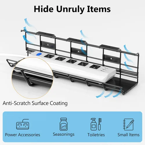 Miniatura 2 de Delamu - Paquete de 2 bandejas de gestión de cables para debajo del escritorio, organizador de cables de metal para escritorio, fácil de instalar