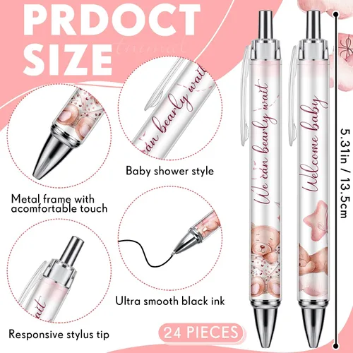 Miniatura 2 de Chuangdi 24 bolígrafos de oso rosa para baby shower, bolígrafos retráctiles a granel, tinta negra con regalos para invitados, suministros escolares