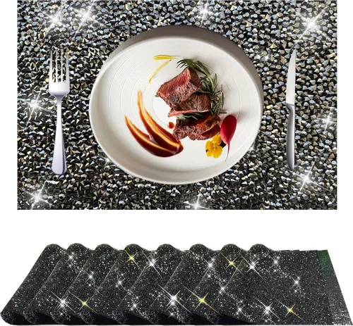 Miniatura 23 de Juego de 1 mantel individual redondo en negro, manteles individuales brillantes resistentes al calor, lavables, para cena, cocina, boda, decorativos