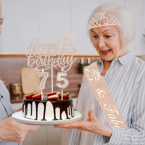 Miniatura 6 de Decoraciones de cumpleaños de 75 años, que incluyen banda, adorno para pastel, corona y velas de cumpleaños de 75 años; regalos, decoración