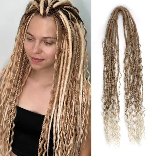 Miniatura 46 de Extensiones de rastas trenzadas bohemias de 24 pulgadas, 10 hebras de rastas sintéticas rizadas color marrón degradado con trenza de caja, rastas