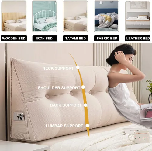 Miniatura 3 de Cojín triangular grande para cabecero de lectura, almohada para reposo en cama, respaldo triangular, respaldo de forro polar, soporte de Beige