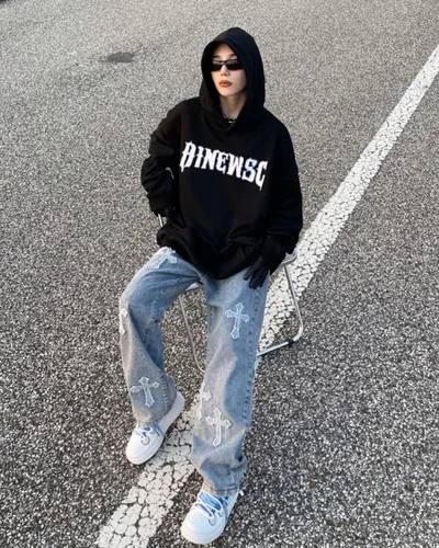 Miniatura 3 de KCLOT Jeans rectos estilo hip hop para hombre, de pierna ancha, estilo de los años 90