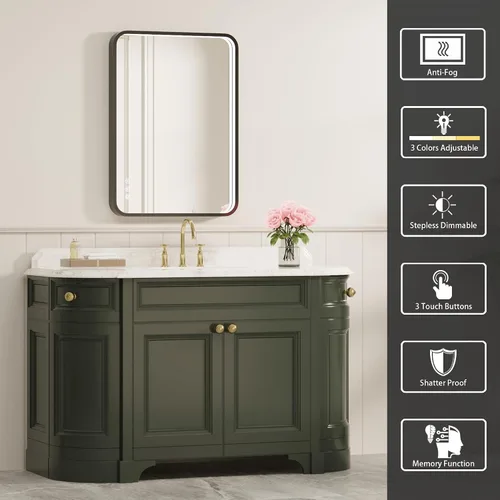 Miniatura 2 de Espejo de baño LED de 24x32 pulgadas con luces, espejo LED con marco de metal negro para baño, 3 colores y luz regulable sin escalones montada