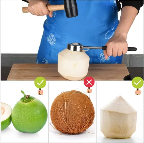 Miniatura 6 de Kit de herramientas de abridor de coco - Abridor de gato de coco de acero inoxidable con mazo de goma
