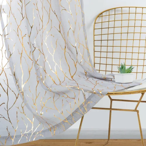 Miniatura 4 de Kotile Cortinas traslúcidas de rama de árbol – Cortinas traslúcidas grises con estampado de rama de árbol en lámina dorada metálica de 63 pulgadas