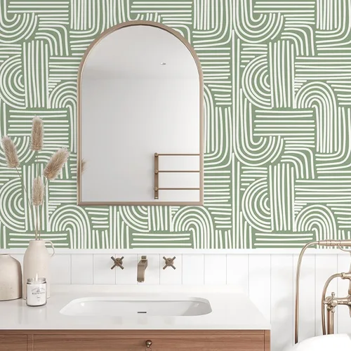 Miniatura 5 de VEELIKE Papel tapiz geométrico verde salvia para despegar y pegar, papel tapiz geométrico abstracto bohemio para dormitorio, baño, pared decorativa